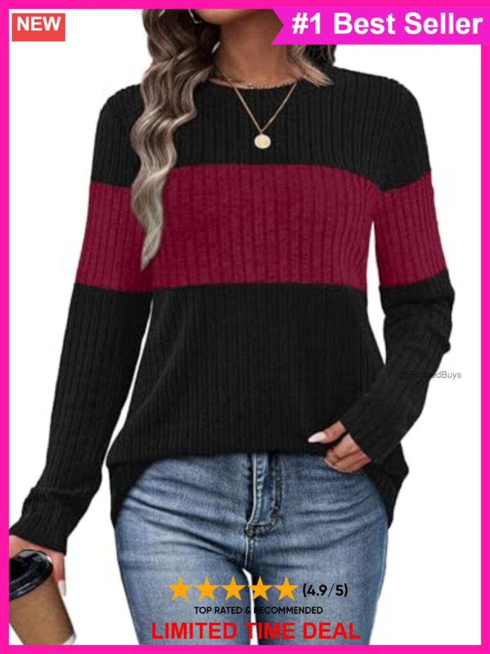 Womens Color Block Long Sleeve Crew Neck Pullover Sweater Tunic